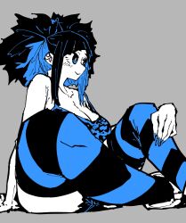 Rule 34 | 1girl, animal print, bare shoulders, black hair, blue eyes, blue hair, blue nails, blush, breasts, choker, cleavage, ear piercing, earrings, glasses, hand on own thigh, highres, huge breasts, jewelry, leopard print, limited palette, off shoulder, piercing, satsuki ouhara, shoes, short shorts, shorts, sideways glance, sitting, smile, smirk, sneakers, striped clothes, striped thighhighs, teeth, teihen no daigaku janaru, thighhighs, twintails, zyugoya