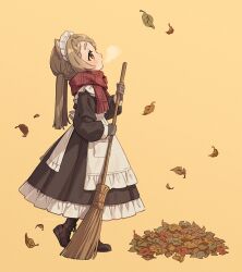 Rule 34 | 1girl, animal ears, apron, autumn leaves, black dress, blush, boots, braid, breath, broom, brown eyes, brown hair, dress, from side, full body, gloves, goshi-san, highres, holding, holding broom, looking up, maid apron, maid headdress, open mouth, orange background, original, profile, scarf, simple background, solo, thick eyebrows, twintails