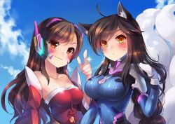 Rule 34 | 2girls, ahoge, ahri (league of legends), ahri (league of legends) (cosplay), animal ears, backlighting, bad id, bad twitter id, bare shoulders, blue sky, blush, bodysuit, breasts, cleavage, closed mouth, collarbone, cosplay, costume switch, d.va (overwatch), d.va (overwatch) (cosplay), day, detached sleeves, dress, eyebrows, facial mark, fox ears, fox tail, glint, hamifr, headgear, impossible clothes, index finger raised, jpeg artifacts, korean clothes, large breasts, league of legends, long hair, long sleeves, looking at viewer, medium breasts, multiple girls, multiple tails, overwatch, overwatch 1, red dress, sky, smile, strap slip, sun, swept bangs, tail, very long hair, whisker markings