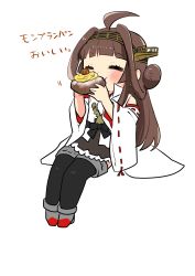 Rule 34 | 1girl, ahoge, black thighhighs, boots, brown hair, cake, closed eyes, detached sleeves, double bun, eating, food, hair bun, hairband, headgear, highres, invisible chair, japanese clothes, kantai collection, kongou (kancolle), kongou kai ni (kancolle), long hair, lr hijikata, popped collar, ribbon-trimmed sleeves, ribbon trim, simple background, sitting, solo, thigh boots, thighhighs, translation request, white background
