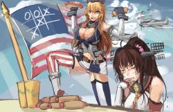 Rule 34 | 10s, 2girls, aircraft, airplane, american flag, arms up, bare shoulders, black vest, blonde hair, blue eyes, blue sky, breasts, cleavage, cloud, day, eating, elbow gloves, closed eyes, flag, gloves, headgear, hot dog, iowa (kancolle), kantai collection, large breasts, long hair, multiple girls, navel, panties (pantsu-pirate), ponytail, shirt, sky, sleeveless, sleeveless shirt, standing, star-shaped pupils, star (symbol), stomach, symbol-shaped pupils, table, tic-tac-toe, very long hair, vest, white gloves, white shirt, wrist cuffs, yamato (kancolle)