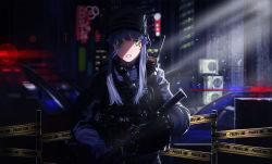 Rule 34 | 1girl, bad id, bad pixiv id, blue hair, light particles, facial mark, girls&#039; frontline, green eyes, gun, hair ornament, highres, hk416 (girls&#039; frontline), holding, holding gun, holding weapon, ihobus, long hair, looking to the side, military, military uniform, night, open mouth, outdoors, police, rifle, scenery, solo, standing, sunlight, uniform, upper body, walkie-talkie, weapon