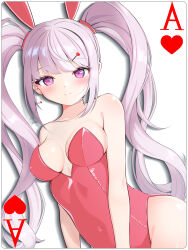 Rule 34 | 1girl, absurdres, ace (playing card), alice (nikke), animal ears, bare shoulders, blush, breasts, card, cleavage, collarbone, covered navel, fake animal ears, goddess of victory: nikke, hair ornament, hairclip, heart, highleg, highleg leotard, highres, leotard, long hair, looking at viewer, medium breasts, pink eyes, pink hair, playboy bunny, playing card, rabbit ears, simple background, solo, strapless, strapless leotard, twintails, white background, yuyuchi (gyazaa)