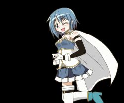 Rule 34 | 10s, 1girl, ;d, animated, animated gif, armband, blue eyes, blue hair, cape, gloves, hangaku, highres, magical girl, mahou shoujo madoka magica, mahou shoujo madoka magica (anime), matching hair/eyes, miki sayaka, one eye closed, open mouth, short hair, smile, solo, soul gem, spinning, thighhighs, transparent background, wink, zettai ryouiki