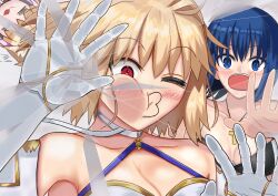 3girls absurdres ahoge arcueid_brunestud bare_shoulders bikini black_bikini blonde_hair blue_eyes blue_hair blush breasts buur c.i.e.l_(fate) c.i.e.l_(first_ascension)_(fate) choker ciel_(tsukihime) cleavage cracked_screen cross cross_necklace fate/grand_order fate_(series) gloves highres jewelry large_breasts multiple_girls necklace neco-arc one_eye_closed open_mouth phantas-moon phantas-moon_(second_ascension) reaching reaching_towards_viewer red_eyes ribbon short_hair swimsuit tsukihime white_gloves