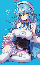 Rule 34 | 1girl, ahoge, beret, blue background, blue hair, blue nails, braid, breasts, cleavage, clothes lift, flower, frilled thighhighs, frills, hair flower, hair ornament, hat, heart, heart ahoge, highres, hololive, large breasts, long hair, muco lita, pointy ears, skirt, skirt lift, smile, thighhighs, virtual youtuber, yellow eyes, yukihana lamy, yukihana lamy (1st costume)