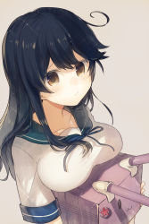 Rule 34 | 10s, 1girl, :3, ahoge, arms at sides, black hair, blush, breast rest, breasts, brown eyes, closed mouth, grey background, highres, kantai collection, kazutake hazano, large breasts, long hair, looking at viewer, pursed lips, sideboob, simple background, solo, tears, turret, upper body, ushio (kancolle), wavy hair