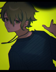 Rule 34 | 1boy, absurdres, amami rantaro, black background, commentary request, danganronpa (series), danganronpa v3: killing harmony, earrings, from behind, gradient background, green eyes, green hair, hair between eyes, hand up, highres, jewelry, letterboxed, looking at viewer, looking back, necklace, nyu (bbpp08), pointing, shirt, short hair, solo, striped clothes, striped shirt, upper body, yellow background