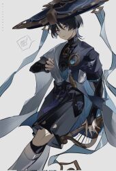 Rule 34 | 1boy, bishounen, black hair, blue eyes, corrupted twitter file, feathers, genshin impact, hat, highres, japanese clothes, looking at viewer, male focus, scaramouche (genshin impact), short hair, shorts, simple background, solo, vidoakdame, vision (genshin impact), wanderer (genshin impact), white background