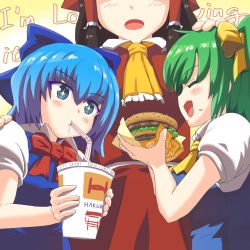 Rule 34 | + +, 3girls, ascot, blue bow, blue dress, blue eyes, blue hair, blush, bow, bowtie, brand name imitation, breasts, burger, cirno, closed eyes, commentary request, cowboy shot, cup, daiyousei, dress, drinking, drinking straw, english text, facing another, food, food on face, frilled ascot, frills, from side, hair between eyes, hair bow, hair tubes, hakurei reimu, hand on another&#039;s head, hand on another&#039;s shoulder, hands up, head out of frame, height difference, highres, holding, holding cup, holding food, large breasts, long hair, looking at another, mcdonald&#039;s, medium breasts, multiple girls, one side up, open mouth, pinafore dress, profile, puffy short sleeves, puffy sleeves, red bow, red neckwear, red skirt, shirt, short hair, short sleeves, sidelocks, skirt, skirt set, sleeveless dress, tada no nasu, touhou, upper body, white shirt, wing collar, yellow background, yellow bow, yellow neckwear