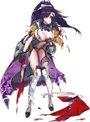 Rule 34 | 1girl, black gloves, breasts, cleavage, covering one eye, full body, gloves, large breasts, long hair, official art, oshiro project:re, oshiro project:re, ponytail, purple hair, red eyes, scroll, shirako miso, solo, takatoo (oshiro project), torn clothes, transparent background