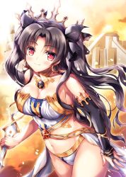 Rule 34 | 1girl, alternate breast size, bare shoulders, black hair, blush, breasts, bridal gauntlets, cleavage, crown, earrings, elbow gloves, fate/grand order, fate (series), fukase ayaka, gloves, hair ribbon, hoop earrings, ishtar (fate), ishtar (fate), jewelry, large breasts, long hair, looking at viewer, midriff, navel, red eyes, ribbon, single elbow glove, smile, solo, tohsaka rin, two side up