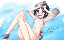 Rule 34 | 10s, 1girl, black eyes, black hair, h kasei, kantai collection, maru-yu (kancolle), one-piece swimsuit, short hair, solo, swimsuit, tears, torn clothes