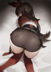 Rule 34 | 1girl, all fours, amber (genshin impact), ass, ass focus, blurry, blush, brown eyes, brown hair, cameltoe, corset, depth of field, from behind, funyo (masa), genshin impact, hair ribbon, hairband, highres, huge ass, long hair, looking at viewer, looking back, red thighhighs, ribbon, shiny clothes, short shorts, shorts, shrug (clothing), solo, thighhighs, very long hair