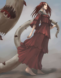 Rule 34 | 00s, 1girl, arm at side, bare shoulders, barefoot, claymore (series), dress, dripping, from below, full body, grey eyes, holding, layered dress, luciela, multiple tails, off shoulder, parted lips, red dress, red hair, red lips, saliva, sharp teeth, solo, tail, tea (nakenashi), teeth, tentacles, tongue, twintails, two tails, walking