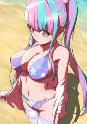 Rule 34 | 1girl, arched back, arms at sides, bang dream!, bare shoulders, beach, bikini, blue hair, blunt bangs, breasts, cleavage, closed mouth, clothes grab, collarbone, commentary request, covered erect nipples, cowboy shot, day, from above, grey thighhighs, groin, hair bobbles, hair ornament, halterneck, highres, hiraken, large breasts, long hair, looking at viewer, looking up, multicolored hair, musical note, musical note print, navel, nyubara reona, off shoulder, open clothes, open shirt, outdoors, pink eyes, pink hair, print bikini, print thighhighs, purple bikini, shadow, shirt, sidelocks, sixteenth note, solo, standing, star (symbol), star print, stomach, swimsuit, thighhighs, twintails, two-tone hair, very long hair, water, white shirt