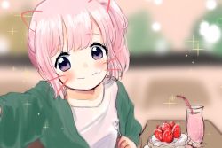 Rule 34 | 1girl, blurry, blush, cake, collarbone, commentary request, depth of field, drawn ears, drawn whiskers, drink, drinking straw, food, food on face, fork, jacket, kemono friends, korean commentary, long sleeves, nana (kemono friends), pink hair, purple eyes, reaching, reaching towards viewer, san sami, selfie, shirt, short hair, side ponytail, smile, solo, sparkle, strawberry shortcake, t-shirt, whiskers