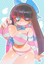 Rule 34 | 1girl, bikini, bow, breasts, earrings, hair bow, highres, jewelry, large breasts, multicolored hair, panty &amp; stocking with garterbelt, solo, stocking (psg), striped bikini, striped clothes, swimsuit, two-tone hair, wamudraws