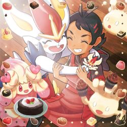 Rule 34 | 1boy, alcremie, antenna hair, apron, black hair, blush, cake, cinderace, closed eyes, commentary, creatures (company), cupcake, eyelashes, food, framed, game freak, gen 8 pokemon, goh (pokemon), grey shirt, grin, hands up, highres, hood, hood down, hooded shirt, male focus, milcery, minato (mntnm), nintendo, plate, pokemon, pokemon (anime), pokemon (creature), pokemon journeys, red apron, shirt, short sleeves, sitting, smile, symbol-only commentary, teeth