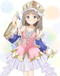 Rule 34 | 1girl, absurdres, aikawa ryou, atelier (series), atelier totori, bare shoulders, between fingers, blue jacket, blush, brown eyes, brown hair, closed mouth, collarbone, commentary request, dress, fingernails, hat, highres, holding, jacket, long hair, long sleeves, off shoulder, open clothes, open jacket, pink dress, pleated dress, sleeveless, sleeveless dress, sleeves past wrists, smile, solo, standing, totooria helmold, vial, white background, white dress, white hat, wide sleeves