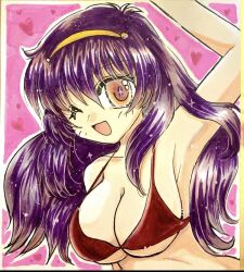 Rule 34 | 1girl, arm up, armpits, asamiya athena, bikini, breasts, brown eyes, cleavage, heart, large breasts, legs, long hair, looking at viewer, one eye closed, purple hair, red bikini, smile, snk, solo, swimsuit, the king of fighters, traditional media, wink
