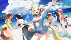 :d agnes_tachyon_(umamusume) ahoge alternate_costume alternate_hairstyle animal_ears arm_up ass ball bare_shoulders barefoot beachball bikini black_bikini black_choker black_hair black_sarong blonde_hair blue_eyes breasts brown_hair chemical_structure choker dantsu_flame_(umamusume) ear_covers earrings frilled_bikini frills fuji_kiseki_(umamusume) hair_between_eyes highres holding holding_ball holding_beachball holding_water_gun horse_ears horse_girl horse_tail jam_(umamusume) jewelry jungle_pocket_(umamusume) large_breasts leg_up long_hair low_twintails manhattan_cafe_(umamusume) narita_top_road_(umamusume) open_mouth orr_(kkkkbbbbc) pink_bikini red_eyes sarong short_hair single_ear_cover single_earring smile striped_bikini striped_clothes swimsuit tail twintails umamusume very_long_hair walking water_gun