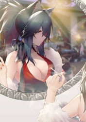 Rule 34 | 1girl, absurdres, alternate costume, animal ears, arknights, bare shoulders, black hair, breasts, chinese commentary, cigarette, cleavage, commentary request, corrupted metadata, dress, feather boa, highres, holding, holding cigarette, jiusan naitang, large breasts, long hair, looking at viewer, mirror, nail polish, parted lips, ponytail, red dress, red nails, reflection, solo, texas (arknights), upper body, wolf ears, yellow eyes
