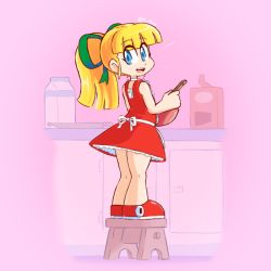 Rule 34 | 1girl, apron, blonde hair, blue eyes, blunt bangs, bowl, capcom, child, dress, eyes visible through hair, from behind, full body, fupoo, gradient background, hair ribbon, kitchen, legs, long hair, looking back, mega man (series), open mouth, pink background, ponytail, red dress, red footwear, ribbon, roll (mega man), shoes, sleeveless, smile, solo, standing, stool, teeth, tongue, upper teeth only