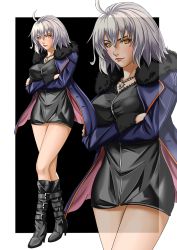 Rule 34 | 1girl, ahoge, black dress, black footwear, blue coat, boots, breasts, coat, crossed arms, dress, fate/grand order, fate (series), fur trim, jeanne d&#039;arc (fate), jeanne d&#039;arc alter (avenger) (fate), jeanne d&#039;arc alter (fate), jewelry, kouichi09, large breasts, legs, necklace, open clothes, open coat, short dress, silver hair, solo, standing, strap, yellow eyes