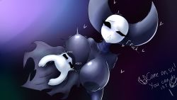 Rule 34 | 1boy, 1girl, absurdres, black cape, black skin, grabbing another&#039;s breast, breast sucking, breasts, cape, colored skin, darky, english text, grabbing, highres, hollow knight, inverted nipples, knight (hollow knight), large breasts, looking at viewer, mantis lord (hollow knight), open mouth, size difference