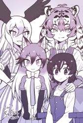 Rule 34 | 1girl, 3girls, animal ears, bald eagle (kemono friends), bird girl, bird wings, blush, bow, bowtie, captain (kemono friends), casual, collared shirt, dress, elbow gloves, extra ears, fox ears, fox girl, gloves, hair between eyes, hand on another&#039;s shoulder, head wings, kemono friends, kemono friends 3, kitsunetsuki itsuki, long hair, long sleeves, looking at viewer, monochrome, multiple girls, necktie, official alternate costume, overalls, plaid neckwear, pleated skirt, red fox (kemono friends), shirt, short hair, short sleeves, siberian tiger (kemono friends), sitting, skirt, striped clothes, striped dress, tiger ears, tiger girl, vest, wings