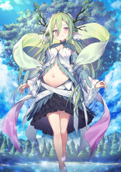 Rule 34 | 1girl, antlers, bare legs, black skirt, blue sky, blush, breasts, cleavage, cloud, commentary request, day, detached sleeves, fantasy, floating, forest, full body, giant tree, green hair, hair between eyes, highres, horns, lake, leaf, long hair, looking at viewer, medium breasts, midriff, mountainous horizon, nature, navel, original, outdoors, parted lips, personification, pink eyes, pointy ears, sandals, shawl, skirt, sky, smile, solo, sparkle, stomach, topia, tree, water, white footwear, wide sleeves, yggdrasil