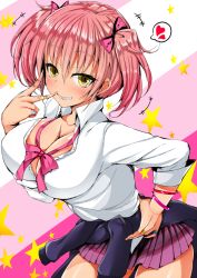 Rule 34 | 10s, 1girl, blush, bow, breasts, cleavage, hand on own hip, idolmaster, idolmaster cinderella girls, jougasaki mika, large breasts, looking at viewer, pink hair, short hair, short twintails, smile, solo, stem (roam), twintails, v, yellow eyes