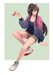 Rule 34 | 1girl, absurdres, alternate costume, animal ears, arknights, bare legs, black hair, black shirt, brown shorts, casual, commentary request, gradient jacket, green eyes, hair between eyes, hand up, highres, horse ears, jacket, long hair, long sleeves, looking at viewer, meteor (arknights), multicolored hair, open clothes, open jacket, shijie jianfa, shirt, shoes, short shorts, shorts, sitting, smile, sneakers, solo, streaked hair, thighs, very long hair, white footwear, white hair