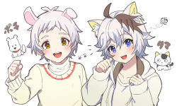 Rule 34 | 2boys, ahoge, animal, animal ear fluff, animal ears, blue eyes, blush, bug, butterfly, cat, cat boy, cat ears, commentary request, dog, dog boy, dog ears, fang, hood, hood down, insect, jacket, long sleeves, looking at viewer, male focus, multicolored hair, multiple boys, okamoto tama, open mouth, paw print, simple background, streaked hair, sweater, uchi no tama shirimasen ka?, upper body, white background, white hair, yamada pochi, yellow eyes, yoruhachi