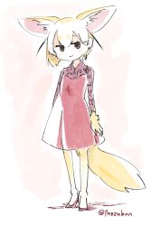 Rule 34 | 10s, 1girl, :&gt;, alternate costume, animal ears, artist name, black eyes, blonde hair, blush, commentary request, dress, extra ears, fennec (kemono friends), fox ears, fox tail, full body, hair between eyes, high heels, kemono friends, looking at viewer, panzuban, red dress, short hair, simple background, smile, solo, tail, twitter username