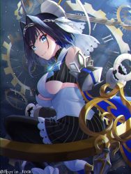 Rule 34 | 1girl, aboreen, absurdres, blue eyes, blue hair, bow, bow earrings, chain, chain headband, clothing cutout, earrings, gears, head chain, highres, holocouncil, hololive, hololive english, huge filesize, jewelry, ouro kronii, ouro kronii (1st costume), solo, underboob cutout, virtual youtuber
