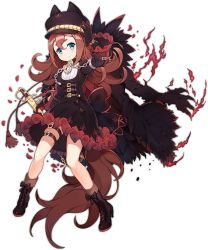 Rule 34 | 1girl, animal collar, ark order, black bow, black dress, black footwear, black gloves, black hat, blue eyes, boots, bow, brown hair, chain, closed mouth, collar, dagger, darkness, dress, fire, footwear bow, frilled dress, frilled sleeves, frills, full body, fur-trimmed boots, fur trim, gloves, hat, hat with ears, heart-shaped lock, holding, holding dagger, holding knife, holding weapon, juliet sleeves, knife, lock, long hair, long sleeves, looking at viewer, mtyy, official art, peaked cap, puffy sleeves, shadow, sheath, sheathed, smile, solo, tachi-e, tail, thigh strap, transparent background, weapon, werewolf (ark order), wolf girl, wolf tail