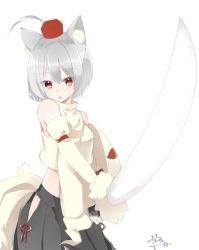 1girl abe_suke ahoge animal_ears black_skirt bridal_gauntlets brown_eyes cowboy_shot detached_sleeves female_focus grey_hair hat highres hip_vent holding holding_sword holding_weapon inubashiri_momiji looking_at_viewer midriff open_mouth pom_pom_(clothes) short_hair signature simple_background skirt solo sword tail tokin_hat touhou weapon white_background wolf_ears wolf_tail