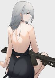 Rule 34 | 1girl, absurdres, an-94, an-94 (girls&#039; frontline), an-94 (silent rouge) (girls&#039; frontline), aqua eyes, assault rifle, backless dress, backless outfit, black dress, dress, from behind, girls&#039; frontline, gp-25, grenade launcher, grey background, grey hair, gun, highres, long hair, looking at viewer, looking back, official alternate costume, rifle, sharp-pig, sitting, solo, underbarrel grenade launcher, weapon