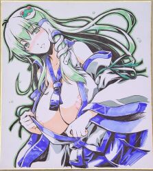 Rule 34 | 1girl, blue skirt, blush, breasts, cleavage, clothes pull, commentary request, detached sleeves, frog hair ornament, green eyes, green hair, grey background, hair ornament, hair tubes, highres, huge breasts, kochiya sanae, long hair, looking at viewer, nipple slip, nipples, ouma tokiichi, photo (medium), pulled by self, shirt, shirt pull, simple background, skirt, snake hair ornament, solo, touhou, traditional media, white shirt, wide sleeves