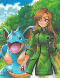 Rule 34 | 1girl, 2019, absurdres, artist name, belt buckle, brown eyes, brown hair, buckle, closed mouth, coach trainer (pokemon), coat, collared dress, cowboy shot, creatures (company), day, dress, forest, game freak, gen 1 pokemon, grass, green coat, high collar, highres, holding, holding poke ball, horns, long hair, nature, nidoqueen, nintendo, open mouth, outdoors, pants, poke ball, pokemon, pokemon (creature), pokemon lgpe, ravernclouk design, sky, sleeves past elbows, smile, standing, tongue, traditional media, white pants, yellow eyes