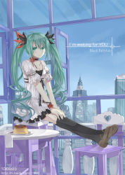 Rule 34 | bad id, bad pixiv id, black thighhighs, chair, choker, cityscape, dress, food, full body, green eyes, green hair, hatsune miku, long hair, milkor, pudding, sitting, solo, table, thighhighs, twintails, very long hair, vocaloid, window, world is mine (vocaloid)