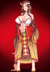 Rule 34 | 1girl, breasts, brown hair, cleavage, collarbone, commentary, commission, detached sleeves, earrings, english commentary, facial mark, full body, headband, highres, hooves, horns, huge breasts, interlocked fingers, jewelry, long hair, long skirt, mole, mole under mouth, native american, neck tattoo, nyctea snow, original, pelvic curtain, red background, red eyes, red sleeves, sagging breasts, second-party source, showgirl skirt, skirt, solo, standing, strapless, tail, tattoo, wide sleeves
