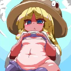 Rule 34 | 1girl, animated, animated gif, aoihitsuji, blonde hair, blue eyes, blue sky, blush, bra, breasts, breathing, clothes lift, cloud, cloudy sky, female focus, from below, hat, linea alba, long hair, looking at viewer, looking own, looking to the side, looping animation, micro bra, moriya suwako, navel, open mouth, outdoors, pixel art, plump, shirt lift, sky, small breasts, solo, tan, tanline, touhou, underboob, underwear