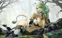 Rule 34 | 1girl, :o, absurdres, animal ears, animal print, antlers, bell, bikini, blush, braid, braided bangs, breasts, ceres fauna, cleavage, cow ears, cow girl, cow horns, cow print, cow print bikini, cow tail, flower, green hair, hair flower, hair ornament, highres, hololive, hololive english, horns, huge breasts, huge weapon, large breasts, long hair, looking at viewer, lying, mole, mole under eye, multicolored hair, navel, on side, open mouth, print bikini, print thighhighs, single braid, solo, swimsuit, tail, thighhighs, tree, virtual youtuber, vyragami, water, weapon, yellow eyes