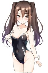 Rule 34 | 1girl, alternate costume, alternate hairstyle, black leotard, breasts, brown eyes, brown hair, commentary request, covered navel, cowboy shot, highres, kantai collection, leotard, long hair, looking at viewer, simple background, small breasts, solo, strapless, strapless leotard, twintails, white background, zarashi, zuihou (kancolle)
