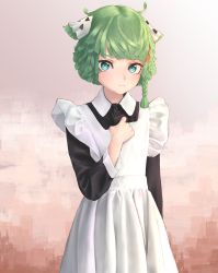 Rule 34 | 1other, absurdres, alternate costume, androgynous, animal ears, braid, cat ears, cowboy shot, dress, eilier project, enmaided, green eyes, green hair, highres, juniper (xenoblade), looking at viewer, maid, other focus, short hair, side braid, solo, white dress, xenoblade chronicles (series), xenoblade chronicles 3