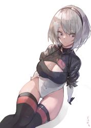 Rule 34 | 1girl, 2b (nier:automata), absurdres, black gloves, black hairband, black thighhighs, breasts, cleavage, cleavage cutout, closed mouth, clothing cutout, covered navel, curvy, dokuro deluxe, gloves, grey eyes, grey hair, hair between eyes, hairband, highleg, highleg leotard, highres, leotard, nier:automata, nier (series), puffy sleeves, shiny skin, short hair, simple background, sitting, solo, thighhighs, turtleneck, white background, white leotard, wide hips