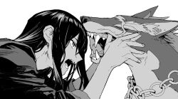Rule 34 | 1boy, abaraya, chain, dog, fangs, finger in another&#039;s mouth, hair between eyes, long hair, looking at animal, male focus, open mouth, parted bangs, repede (tales), scar, scar across eye, sidelocks, simple background, sleeves past elbows, tales of (series), tales of vesperia, white background, yuri lowell
